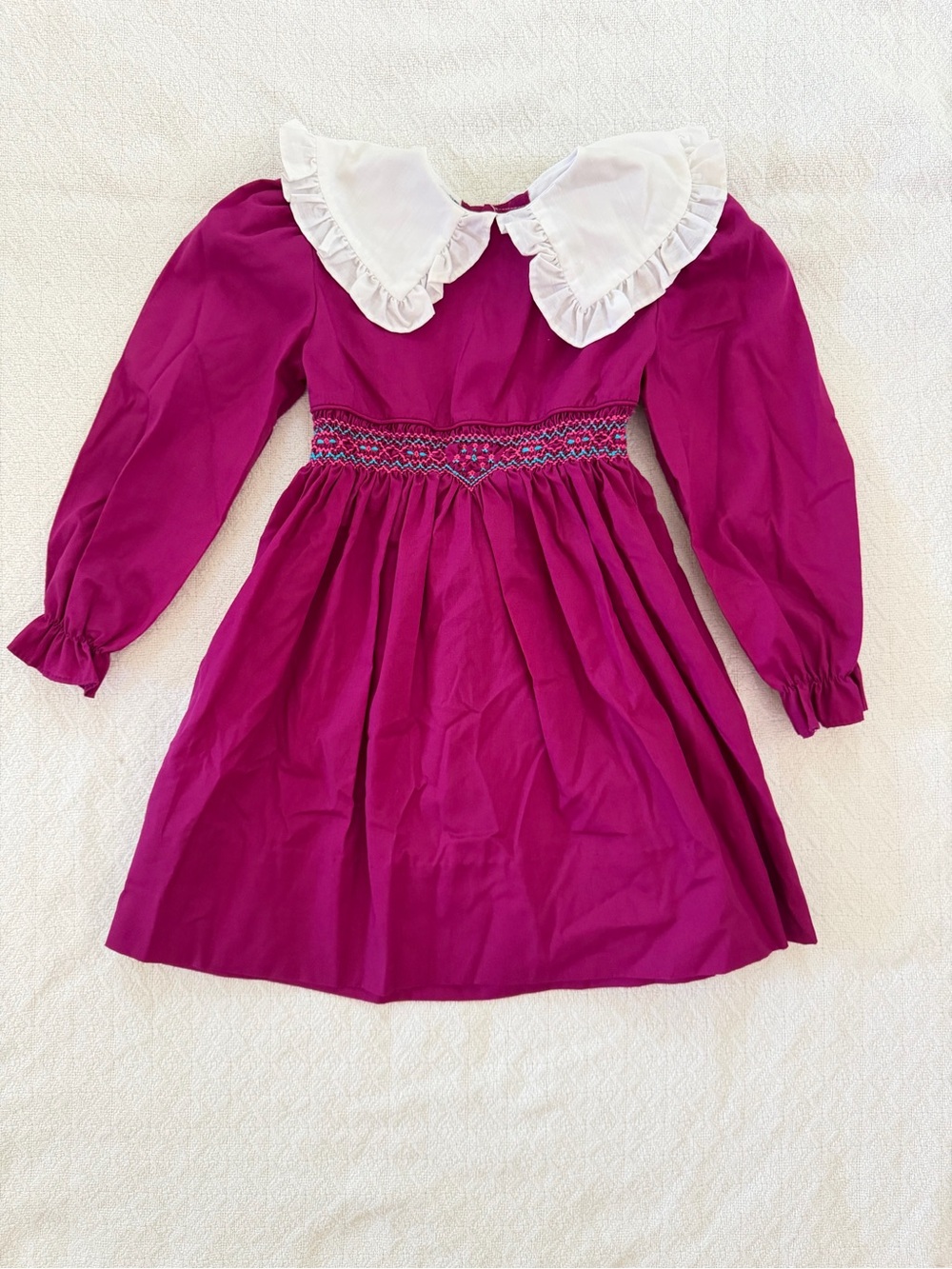 Polly Flinders Vintage Smocked Long Sleeve Raspberry Dress with Ruffles Collar